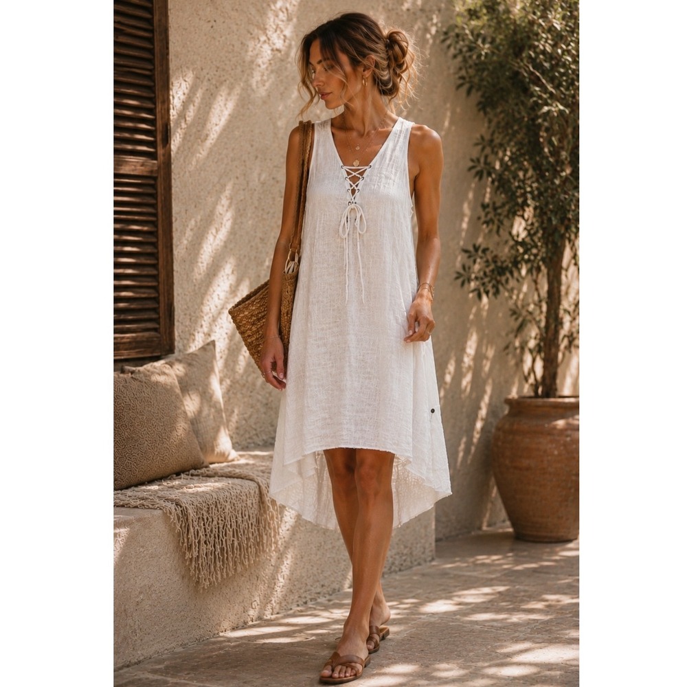 NWT One Teaspoon Tahitian Pearl Dress‎ Women M Vanilla White Lace Up Boho Gauze